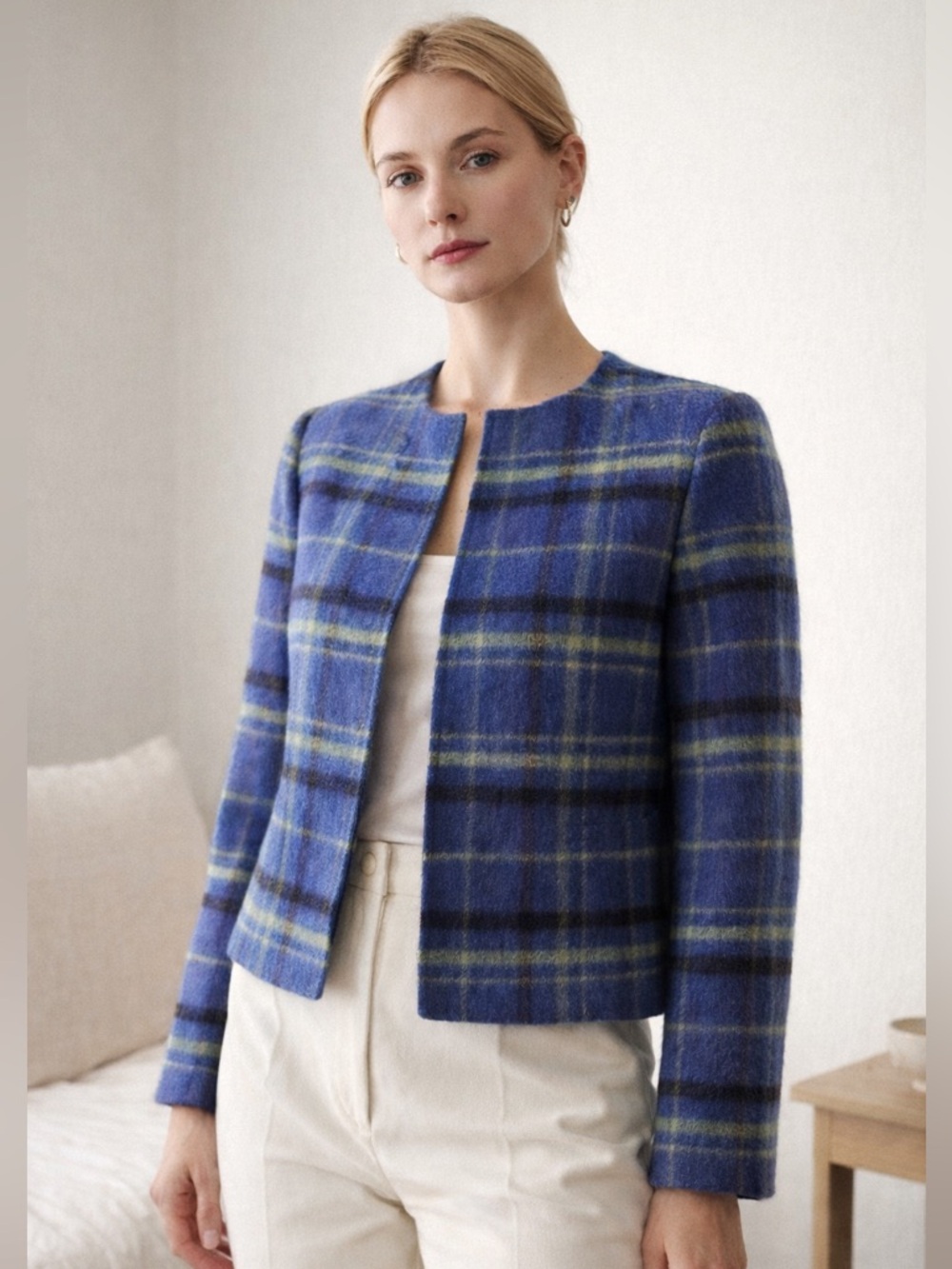 Mohair Blend Plaid Blazer | 90s French Minimalist Boxy Cropped · Nouveaux